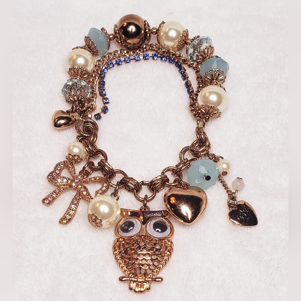 Betsey Johnson Rose Goldtone Owl Charm Bracelet